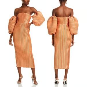 L'idée Sirene Pleated Gown Midi Dress Puff Sleeve Formal Gala Party Garden Sz S